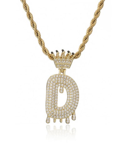 D Brass Cubic Zirconia Crown Hip Hop Letter Pendant Necklace