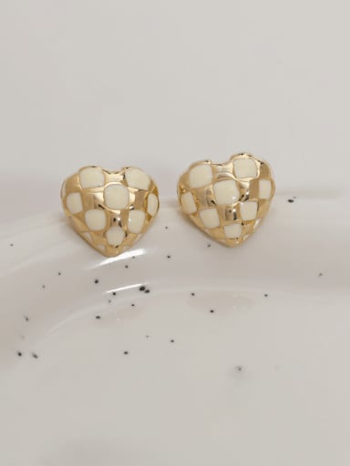 14k Gold [off white] Brass Enamel Heart Vintage Stud Earring