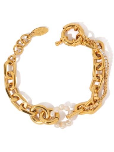 Brass Freshwater Pearl Geometric Vintage Link Bracelet