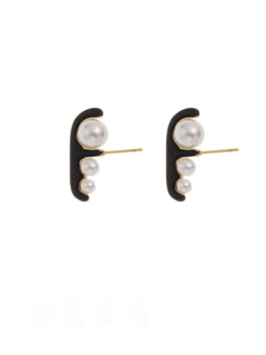 black Brass Imitation Pearl Enamel Geometric Minimalist Stud Earring