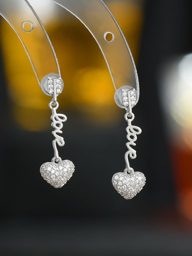 Silver ED66049 Brass Cubic Zirconia Heart Dainty Drop Earring