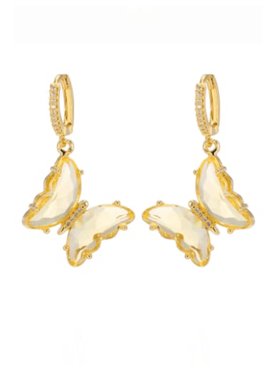 yellow Brass Glass Stone Multi Color Butterfly Minimalist Huggie Earring