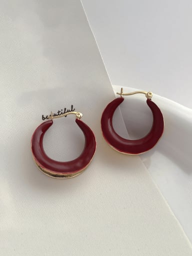 Q211 Wine Red Brass Enamel Geometric Minimalist Huggie Earring