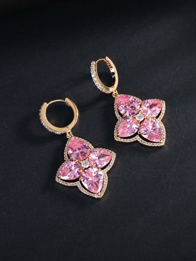 Pink Brass Cubic Zirconia Flower Luxury Huggie Earring