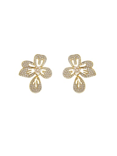 16K gold Brass Rhinestone Flower Statement Stud Earring