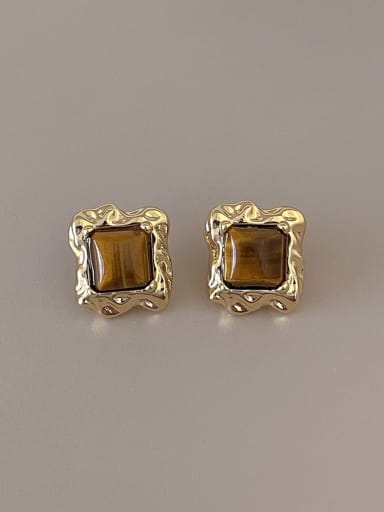 Coffee colored earrings Brass Tiger Eye Geometric Vintage Stud Earring