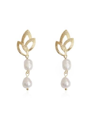 Brass Imitation Pearl Leaf Dainty Drop Trend Korean Fashion Earring