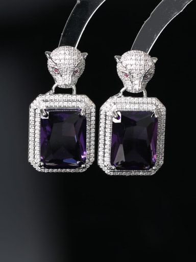 purple Brass Cubic Zirconia Geometric  Luxury Leopard Head Cluster Earring