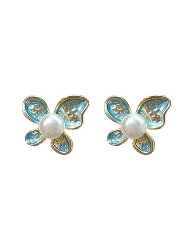 Mixed Metal Freshwater Pearl White Butterfly Cute Stud Earring