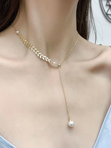 Titanium Imitation Pearl White Feather Trend Lariat Necklace