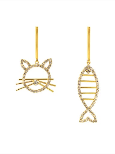 Brass Rhinestone Asymmetric Cat Fishbone Geometric Minimalist Drop Earring