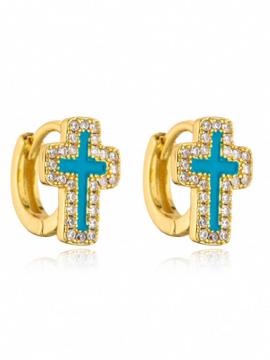 41675 Brass Cubic Zirconia Enamel Cross Dainty Huggie Earring