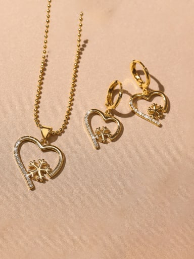 Brass Cubic Zirconia Hip Hop Hollow Heart Earring and Necklace Set