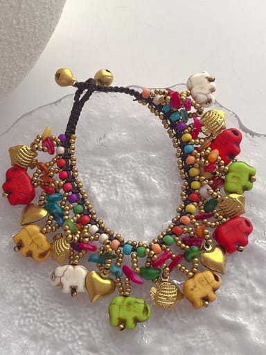 Colorful Elephant Splice Bracelet Brass Natural Stone Elephant Vintage Handmade Weave Bracelet