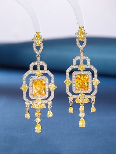 yellow Brass Cubic Zirconia Multi Color Geometric Luxury Cluster Earring