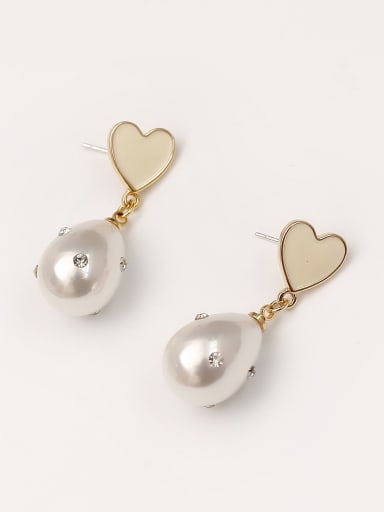 14k Gold Beige love Brass Imitation Pearl Enamel Heart Minimalist Drop Trend Korean Fashion Earring