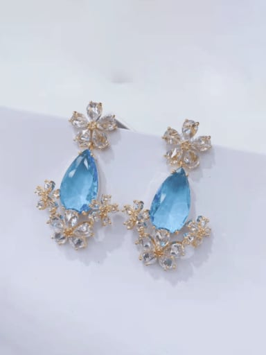 Sea blue Brass Cubic Zirconia Water Drop Luxury Cluster Earring