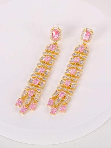 Pink Brass Cubic Zirconia Geometric Tassel Long Luxury Cluster Earring