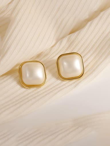 Brass Imitation Pearl Square Minimalist Stud Earring