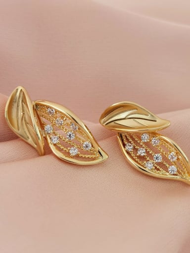 14k Gold matte Brass Cubic Zirconia Enamel Hollow Leaf Trend Stud Earring