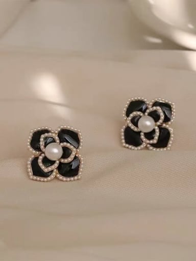 Black French Flower Earrings Zinc Alloy Black Enamel Flower Trend Stud Earring