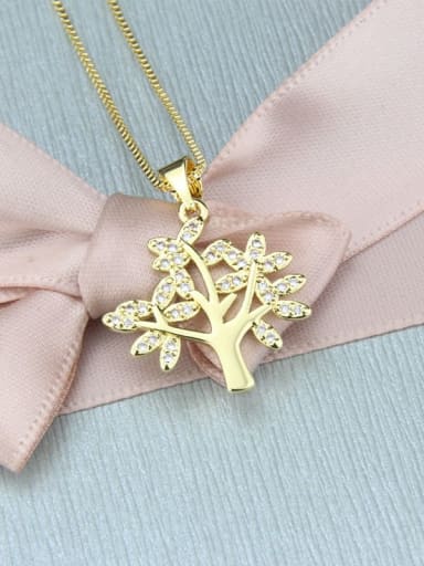 Brass Cubic Zirconia Tree Leaf Pendant  Necklace