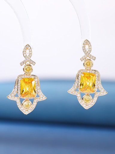 yellow Brass Cubic Zirconia Multi Color Geometric Luxury Cluster Earring