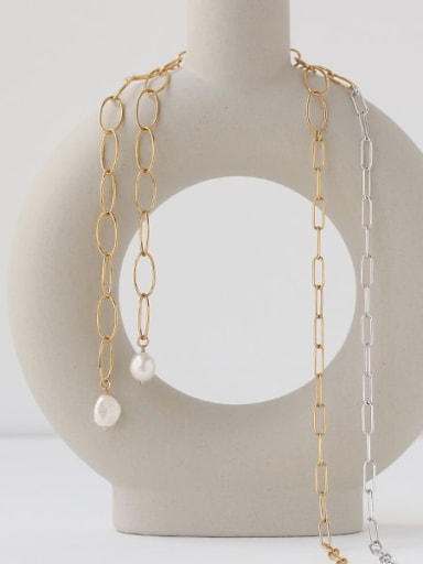 Brass Freshwater Pearl Asymmetry Geometric Chain  Minimalist Necklace