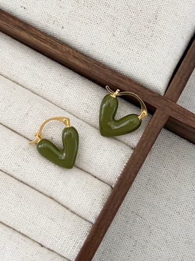14k Gold [Olive Green] Brass Enamel Heart Minimalist Huggie Earring