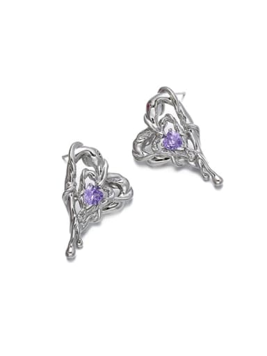 Brass Cubic Zirconia Purple Heart Dainty Stud Earring