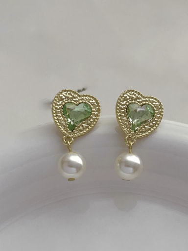Q176 Green Brass Glass Stone Heart Vintage Drop Earring