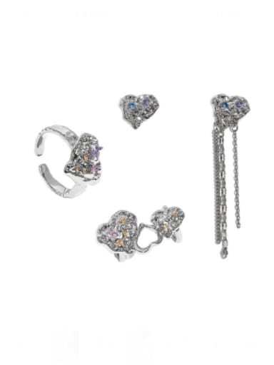 Brass Cubic Zirconia Hip Hop Heart Ring And Earring Set