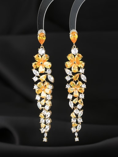 yellow Brass Cubic Zirconia Flower Luxury Long Cluster Earring