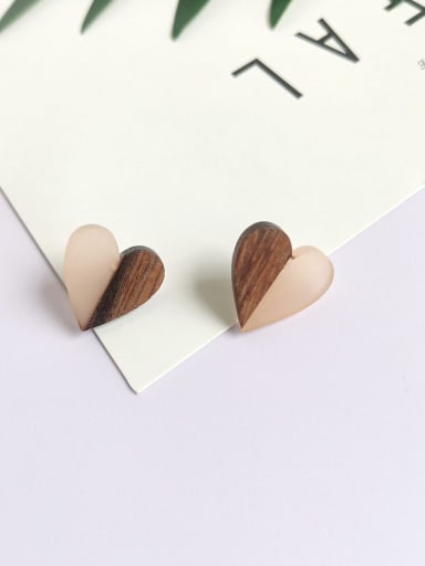 Pink love shaped wood resin splicing Resin Heart Vintage wood color matching Stud Earring/Multi-Color Optional