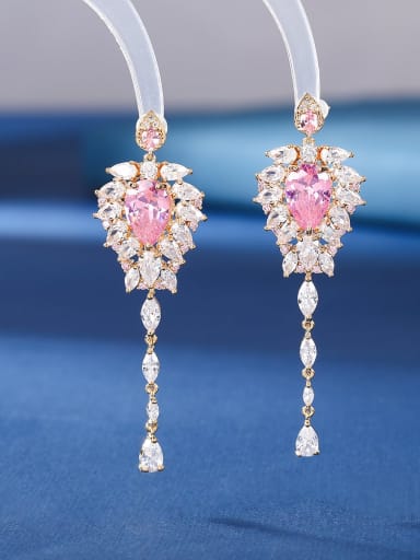 Pink Brass Cubic Zirconia Tassel Luxury Threader Earring