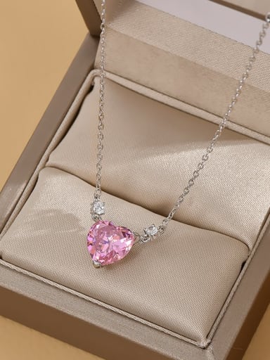 Steel color X001 Brass Cubic Zirconia Pink Heart Dainty Necklace