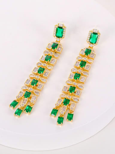 green Brass Cubic Zirconia Geometric Tassel Long Luxury Cluster Earring