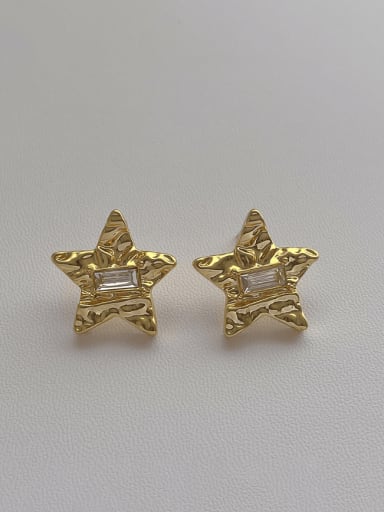 P294 gold Brass Glass Stone Pentagram Hip Hop Stud Earring