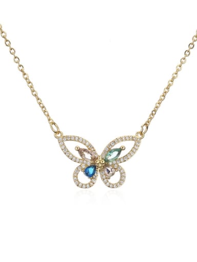 Brass Cubic Zirconia Vintage Butterfly  Pendant Necklace