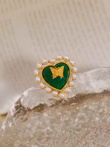18K gold green [safety pin brooch] Brass Imitation Pearl Heart Minimalist Brooch