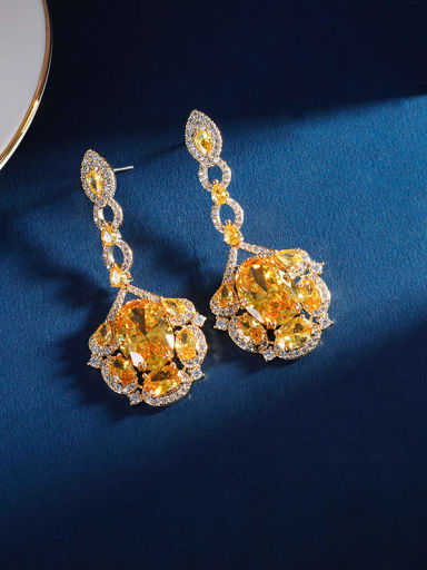 yellow Brass Cubic Zirconia Flower Luxury Drop Earring