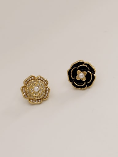 14k gold  black Brass Enamel Flower Vintage Stud Trend Korean Fashion Earring
