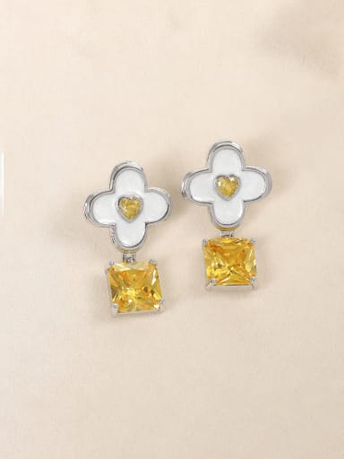 yellow Brass Cubic Zirconia Enamel Geometric Luxury Drop Earring
