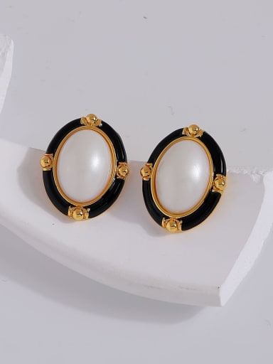 Brass Imitation Pearl Enamel Oval Trend Stud Earring