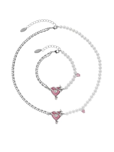 custom Trend Heart Brass Imitation Pearl Asymmetrical Chain Bracelet and Necklace Set