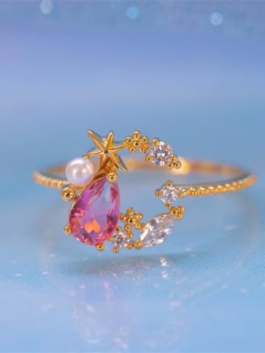 Brass Cubic Zirconia Multi Color Star Moon Cute Band Ring