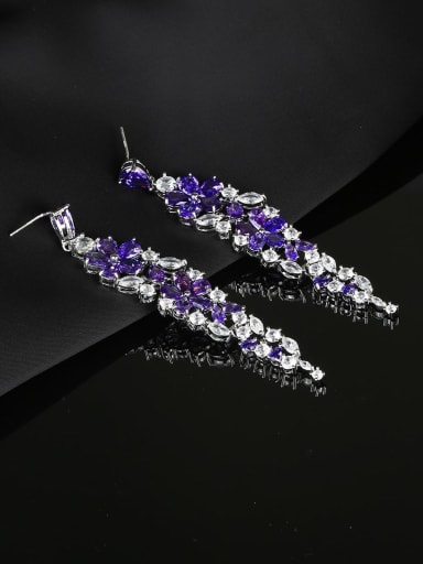 purple Brass Cubic Zirconia Flower Luxury Long Cluster Earring
