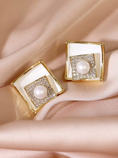 14k Gold matte  white Brass Rhinestone Enamel Geometric Minimalist Stud Earring