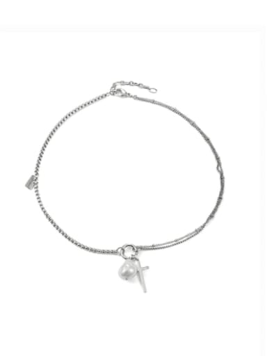Titanium Steel Freshwater Pearl Cross Vintage Hollow Chain Necklace