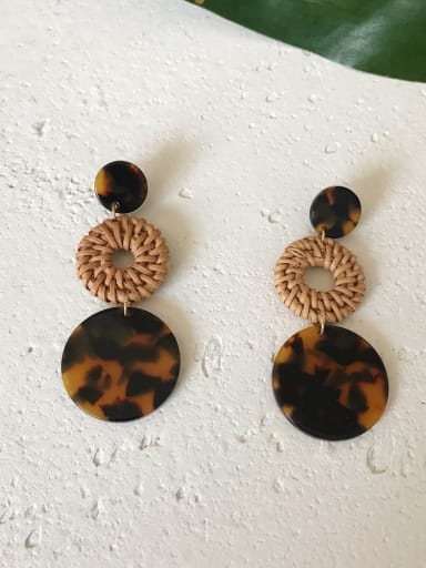 Long dark Leopard Print Alloy Resin Geometric Vintage Bamboo rattan and straw handmade Drop Earring